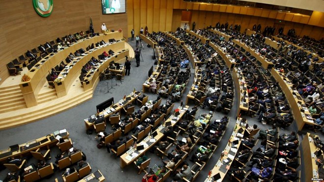 FILE - A general view shows Chad's President Idriss Deby addressing delegates during the 26th Ordinary Session of the Assembly of the African Union (AU) at the AU headquarters in Ethiopia's capital Addis Ababa, Jan. 31, 2016.